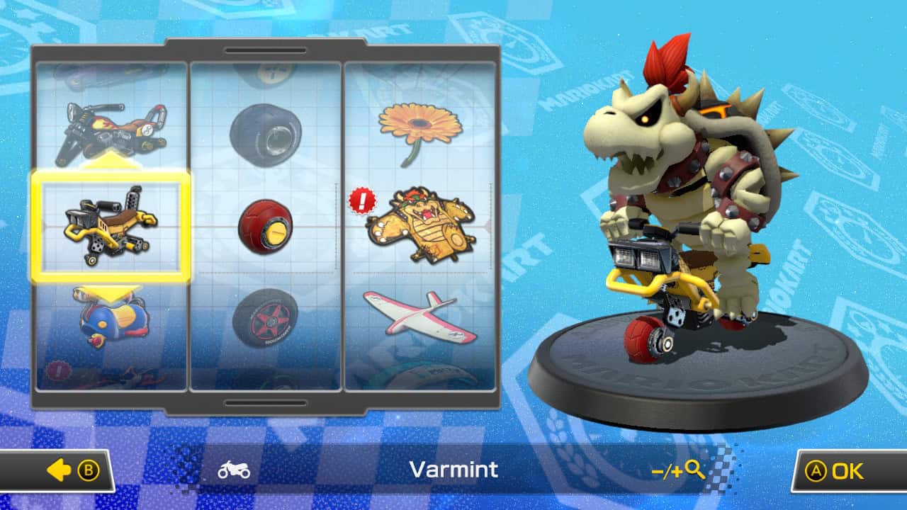 Mario Kart 8 best bike combos: Dry Bowser riding the Varmint in the kart selection screen.