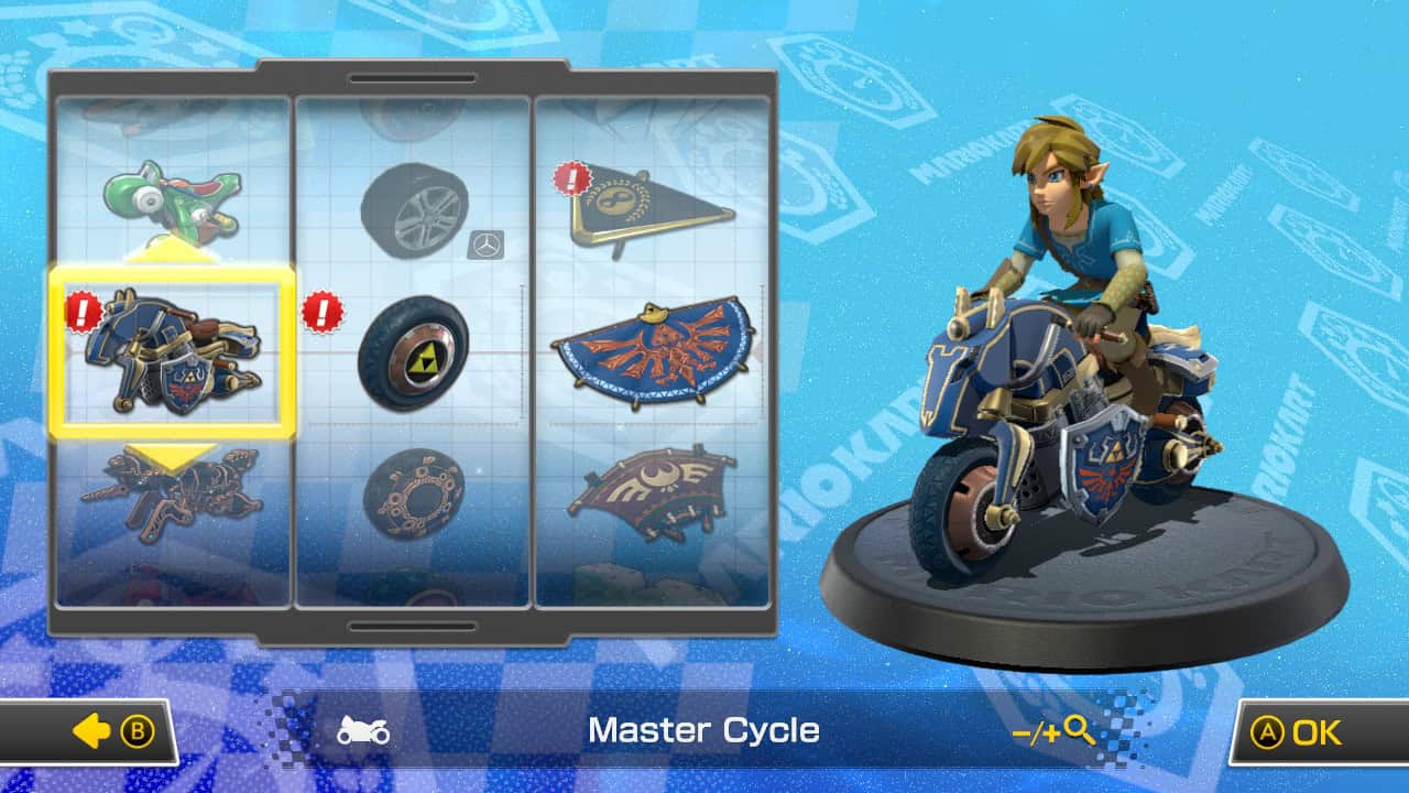 Mario Kart 8 best bike combos: Link riding the Master Cycle in the kart selection screen.