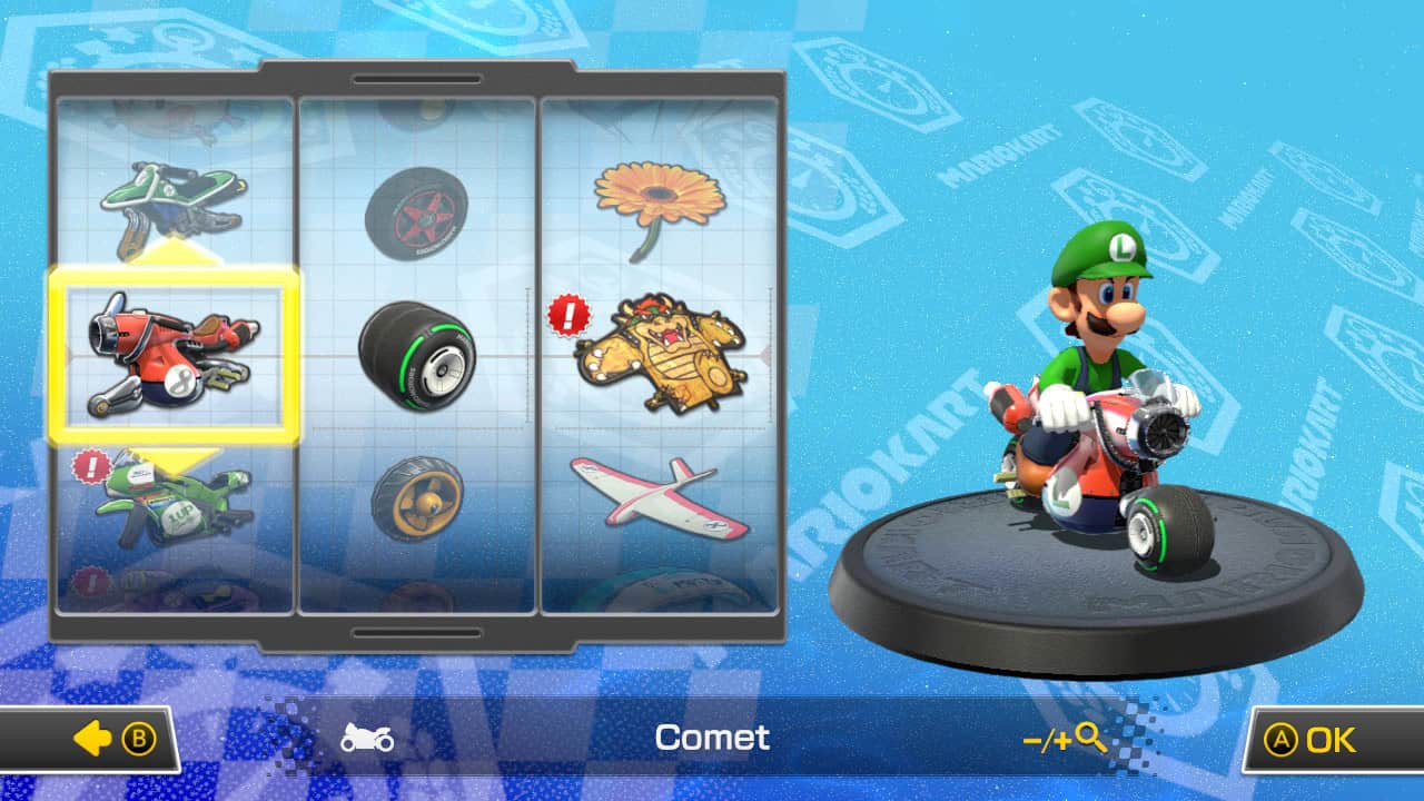 Mario Kart 8 best bike combos: Luigi riding the Comet in the kart selection screen.