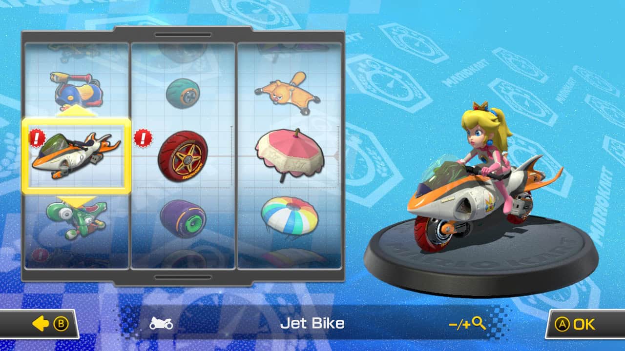 Mario Kart 8 best bike combos: Peach riding the Jet Bike in the kart selection screen.