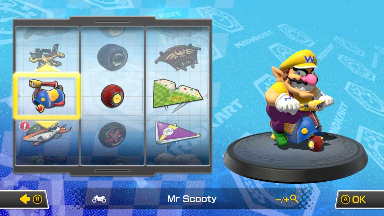 Mario Kart 8 best bike combos: Wario riding Mr Scooty in the kart selection screen.