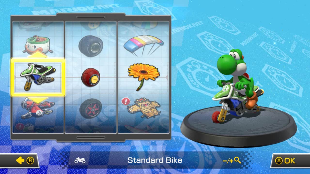 Mario Kart 8 best bike combos: Yoshi riding the Standard Bike in the kart selection screen.