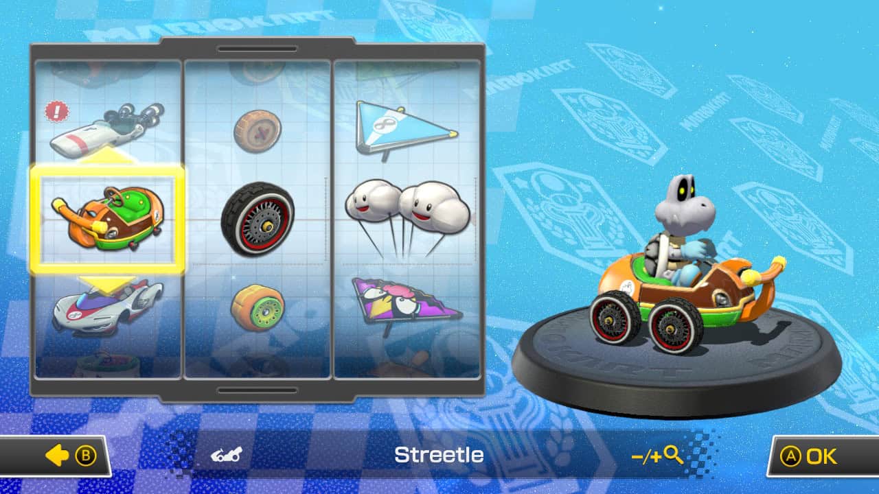 Mario Kart 8 best combos for 150cc: Dry Bones using the Streetle, Off-Road Tires and Cloud Glider.