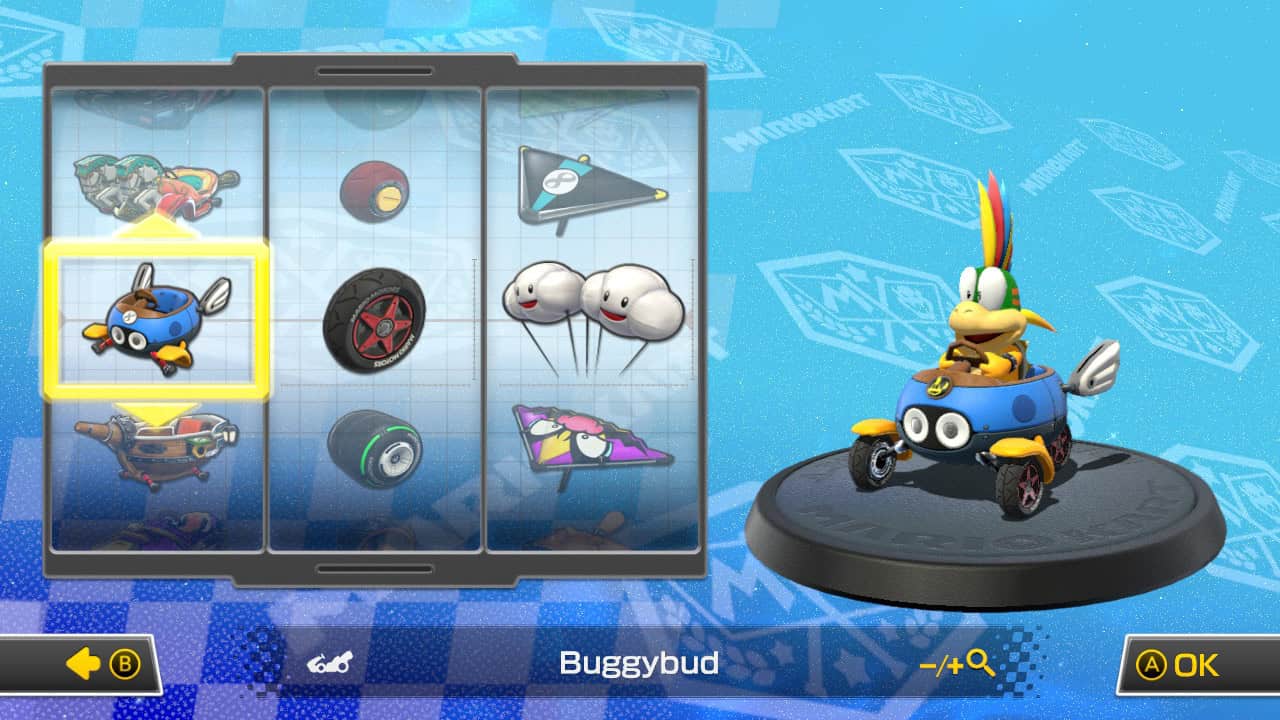 Mario Kart 8 best combos for 150cc: Lemmy using the Biddybuggy, Slim Tires and Cloud Glider.