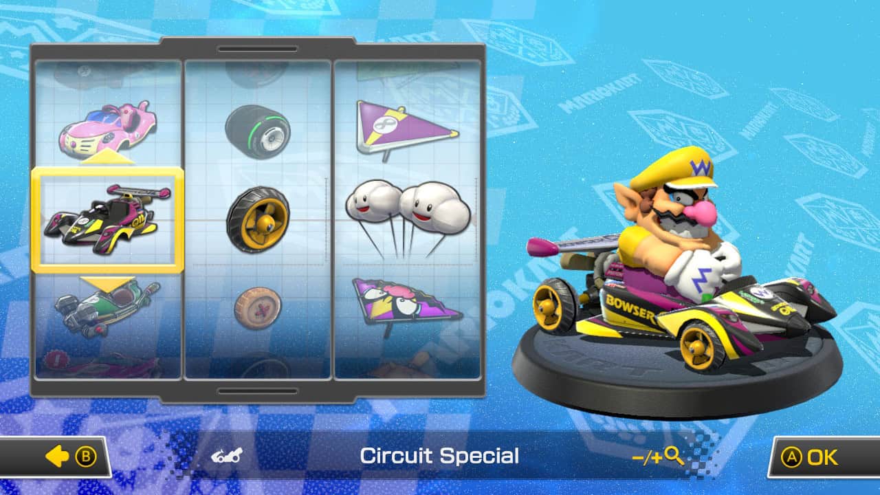 Mario Kart 8 best combos for 150cc: Wario using the Circuit Special, Metal Tires and Cloud Glider.