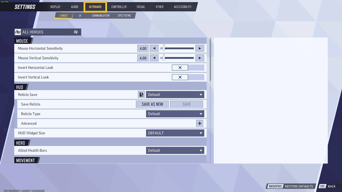 Marvel Rivals Crosshairs menu