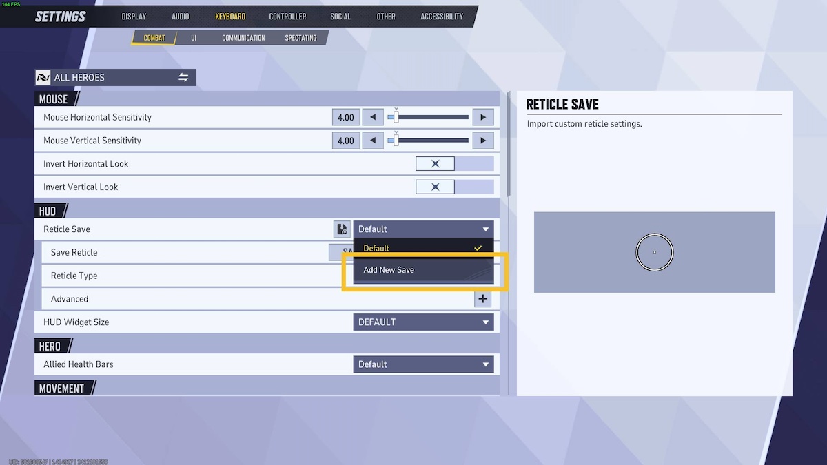 Marvel Rivals Crosshairs menu