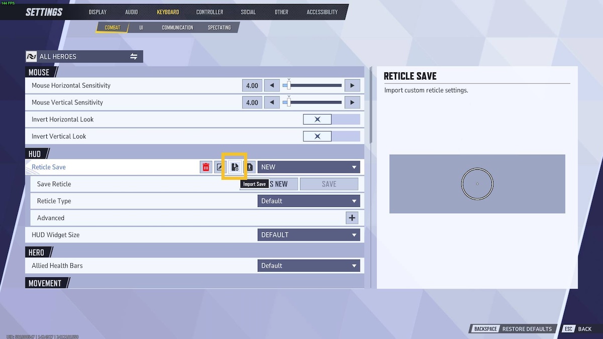 Marvel Rivals Crosshairs menu