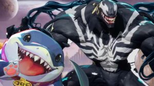 Marvel Rivals Venom and Jeff the Shark hanging out in Asgard