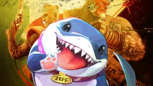 Marvel Rivals Jeff the Shark smiling in front of a sepia picture of Concord
