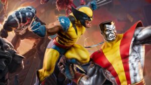 Marvel Rivals keyart behind Wolverine being thrown by Colossus