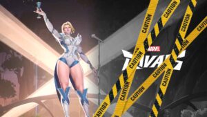Emma Frost in Marvel Rivals with a caution tape