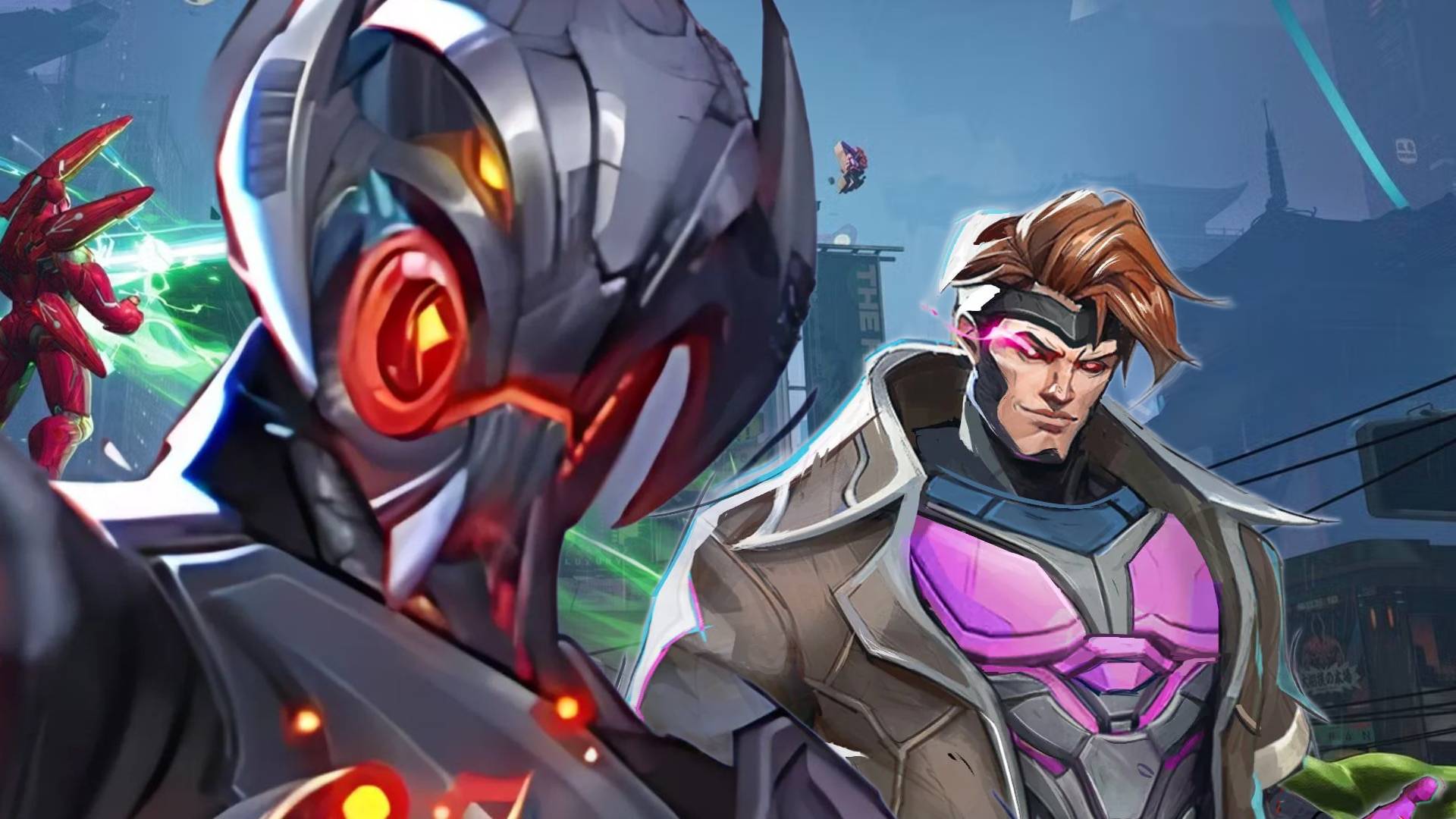 Marvel Rivals ultron and gambit in Tokyo 2099