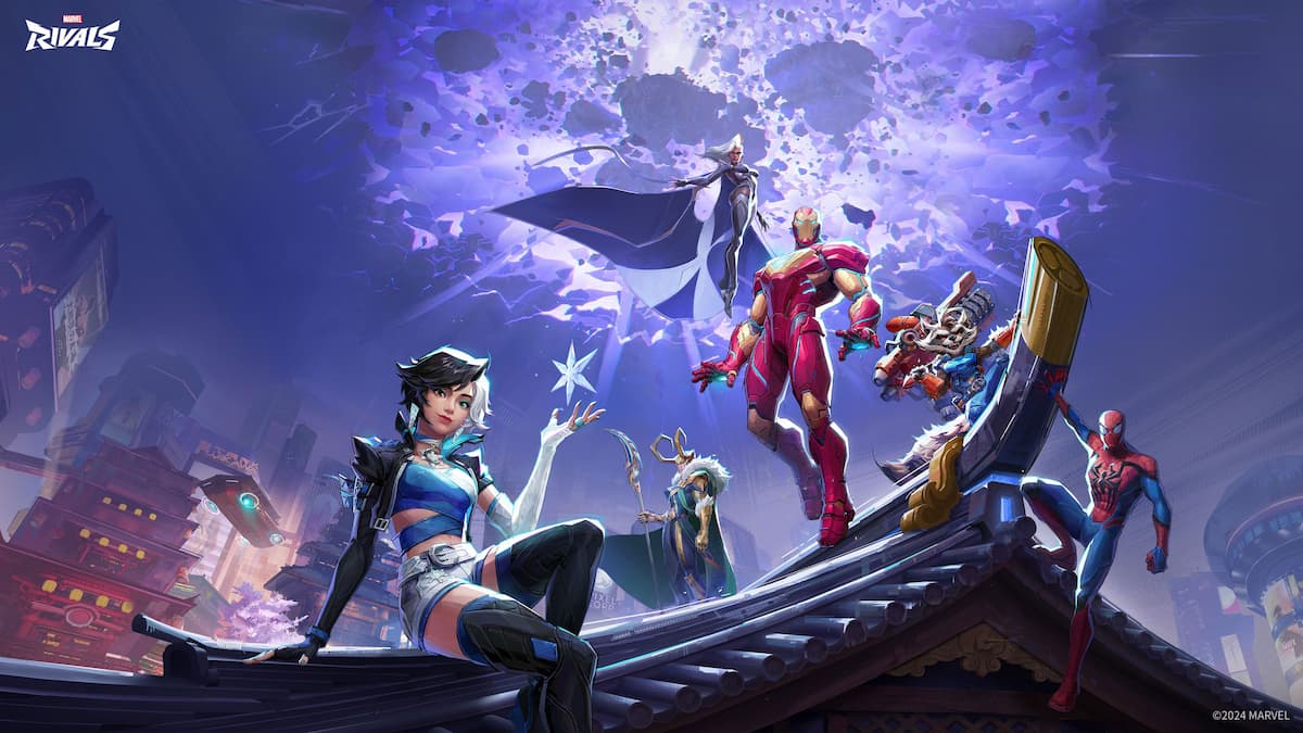 Image of Marvel Rivals superheroes including Luna Frost, Storm, Iron Man, Spider-Man, Loki, and Rocket Raccoon.