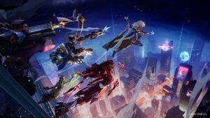Image of Marvel Rivals superheroes flying over a city at night,