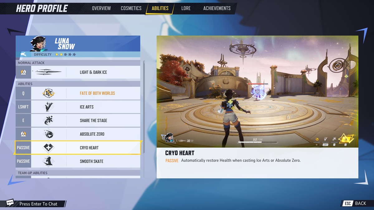 A player checks out Luna Snow's Cryo Heart ability in Marvel Rivals.