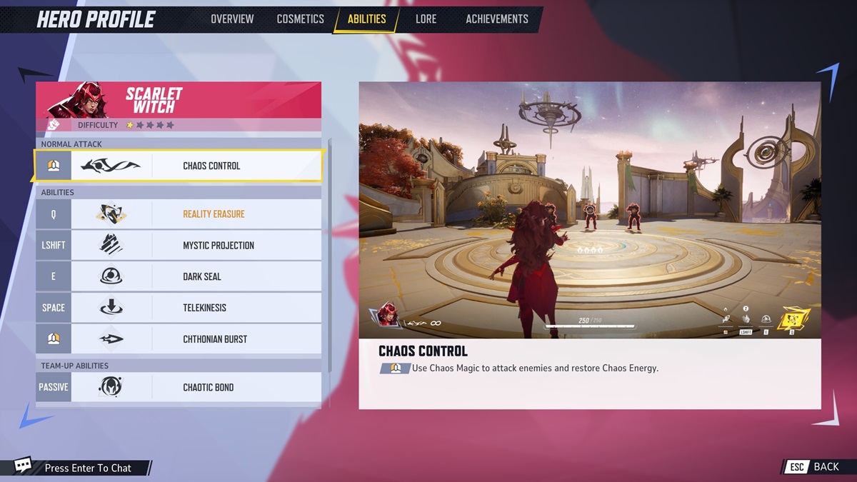 A player checks the Chaos Control attack of Scarlet Witch in Marvel Rivals.