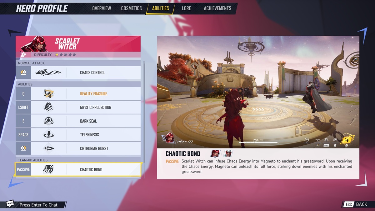 A player checks the Chaotic Bond passive of Scarlet Witch in Marvel Rivals.