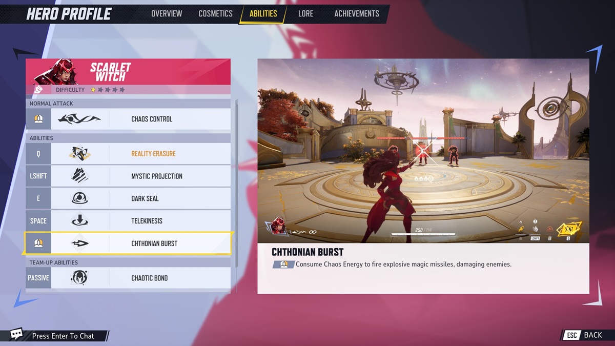 A player checks the Chthonian Blast attack of Scarlet Witch in Marvel Rivals.