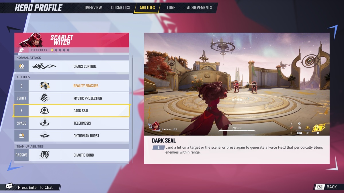 A player checks the Dark Seal attack of Scarlet Witch in Marvel Rivals.