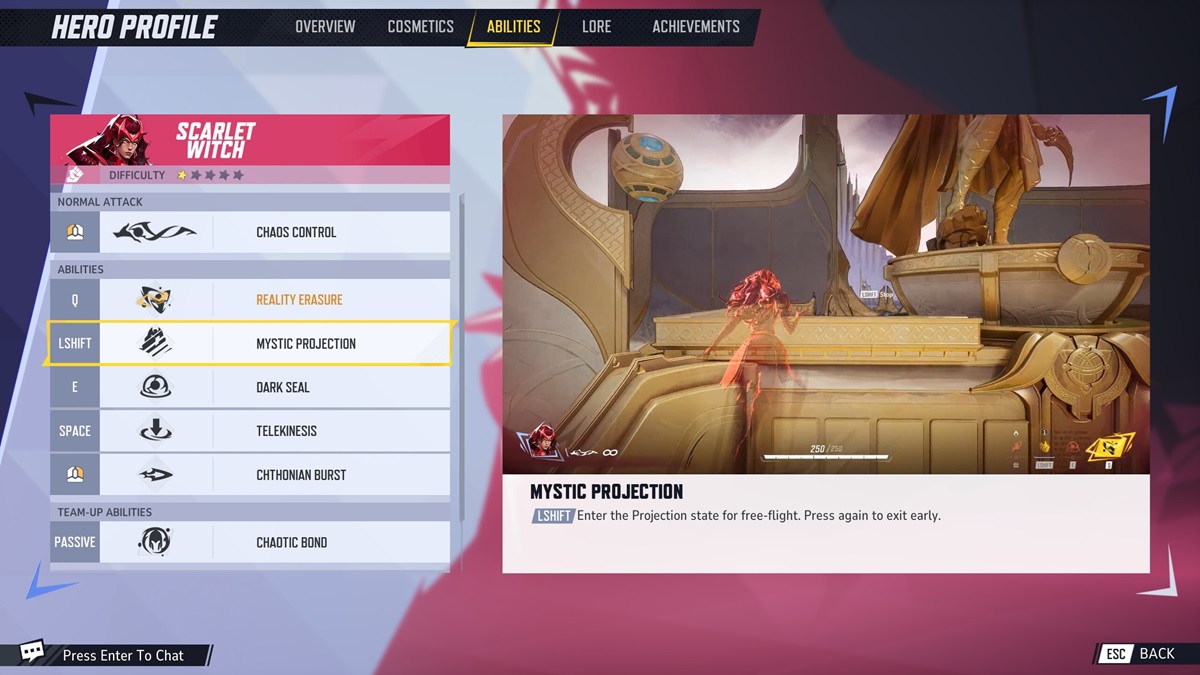 A player checks the Mystic Projection ability of Scarlet Witch in Marvel Rivals.