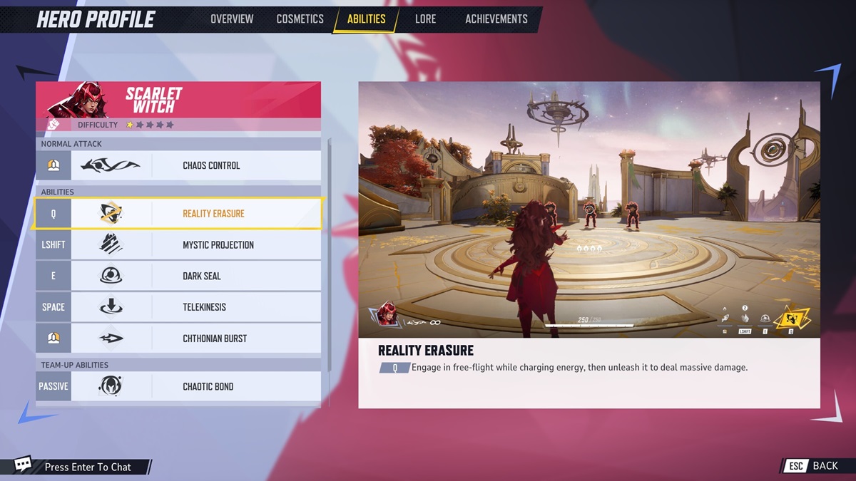 A player checks the Reality Erasure attack of Scarlet Witch in Marvel Rivals.