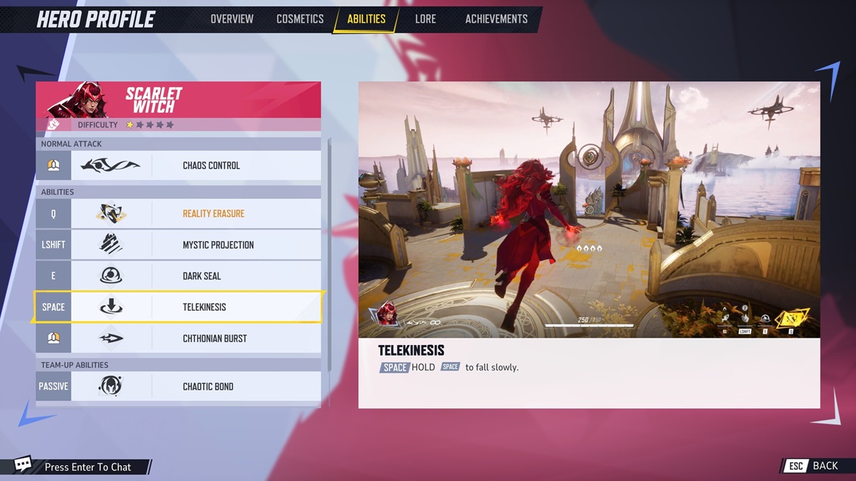 A player checks the Telekinesis move of Scarlet Witch in Marvel Rivals.