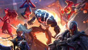 Marvel Rivals keyart showing Venom, Spider-Man, Storm and more standing on top of a big explosion
