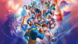 Splash image of fighters and superheroes in Marvel vs. Capcom Fighting Collection: Arcade Classics.
