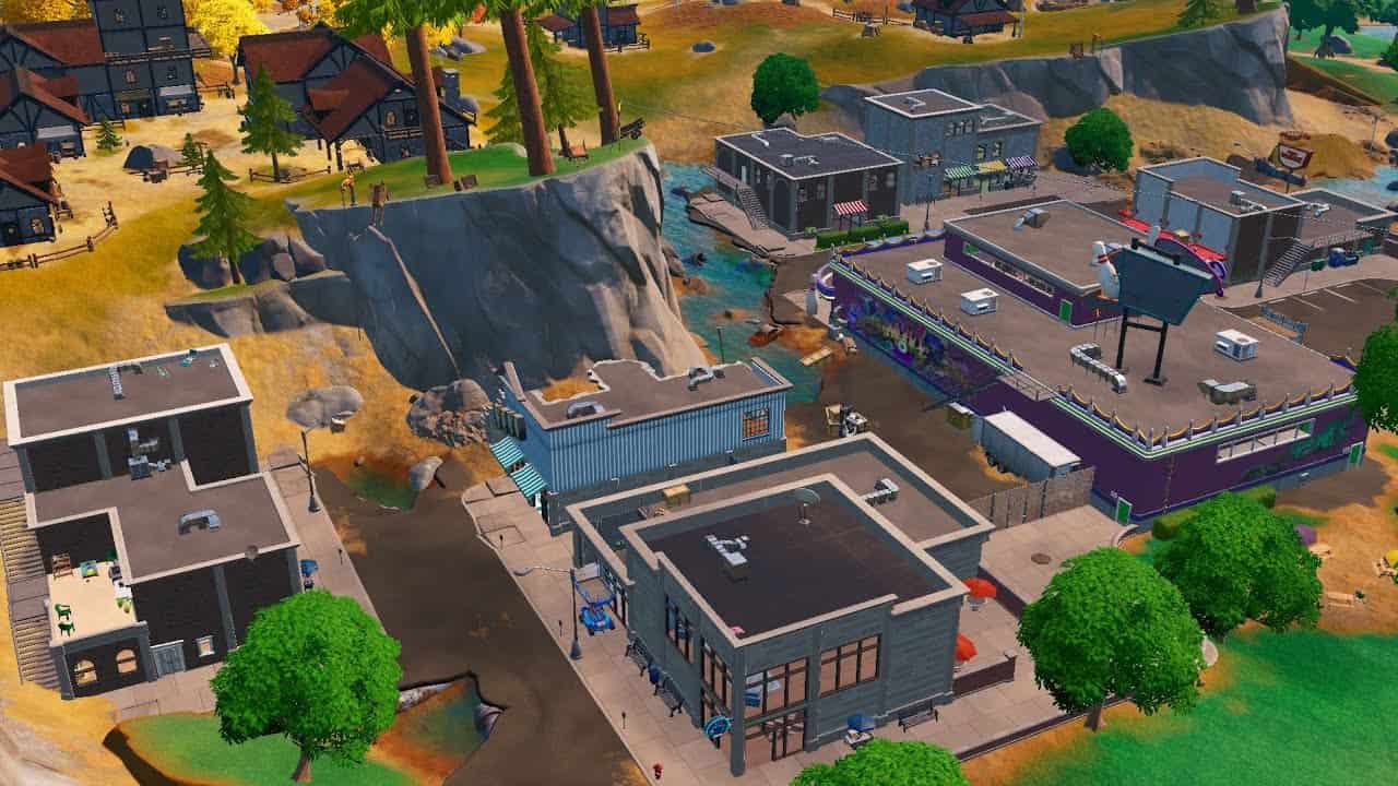 A screenshot of a town in fortnite.