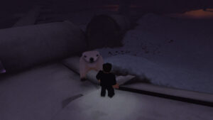 Medved player facing a mutated white bear in the snowy woods.