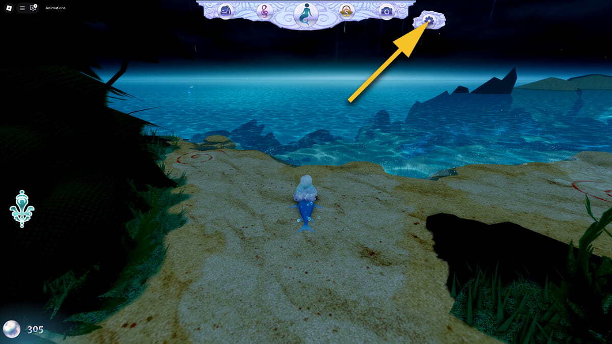 A mermaid is in the centre of the screen. A yellow arrow points to the Settings icon on the top of the screen.