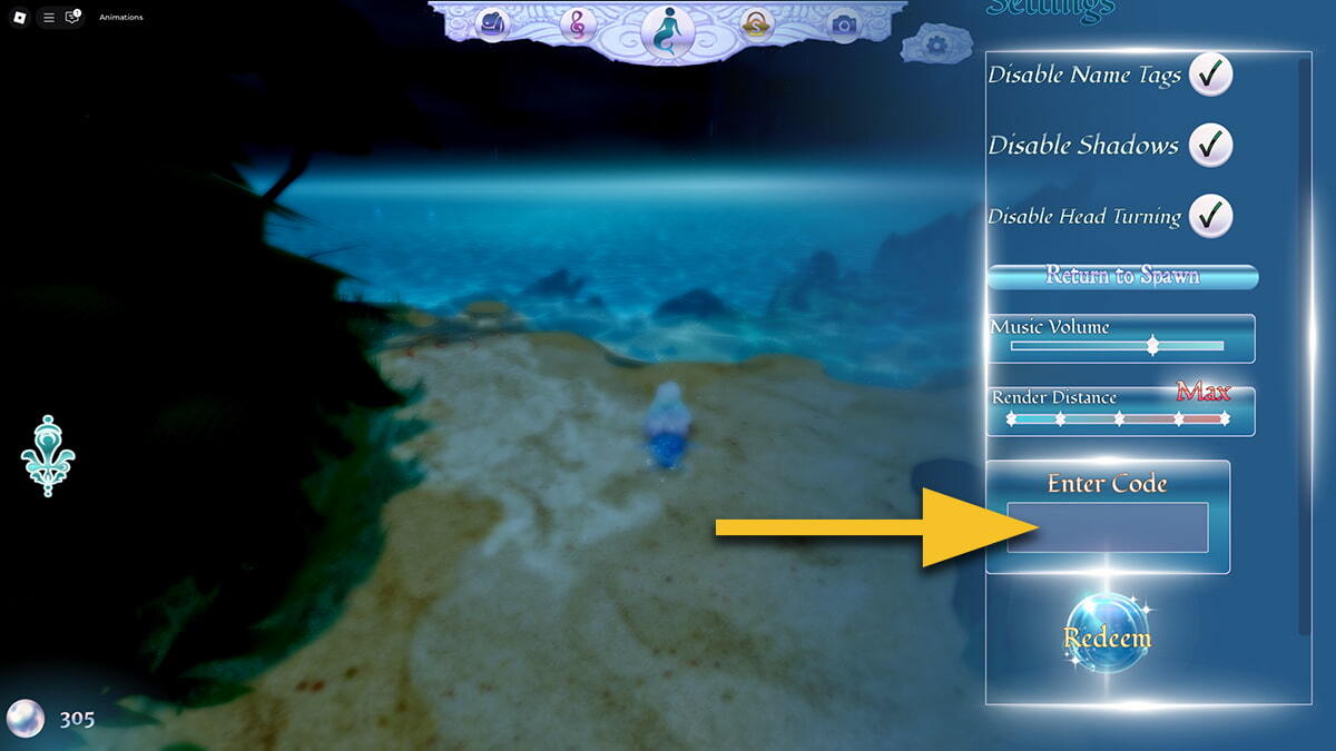 A yellow arrow points to a text box located in the menu on the right side of the screen.