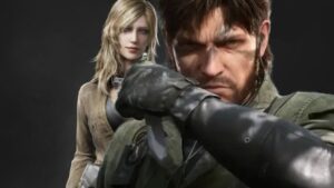 Metal Gear Solid Snake standing in front of Peep Demo Theatre EVA