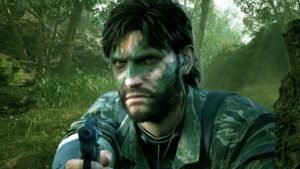 Metal Gear Solid Delta Snake Eater snake aiming a pistol in a thick forest