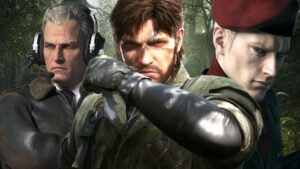 Snake, Ocelot and Major Zero standing in a Metal Gear Solid Delta forest