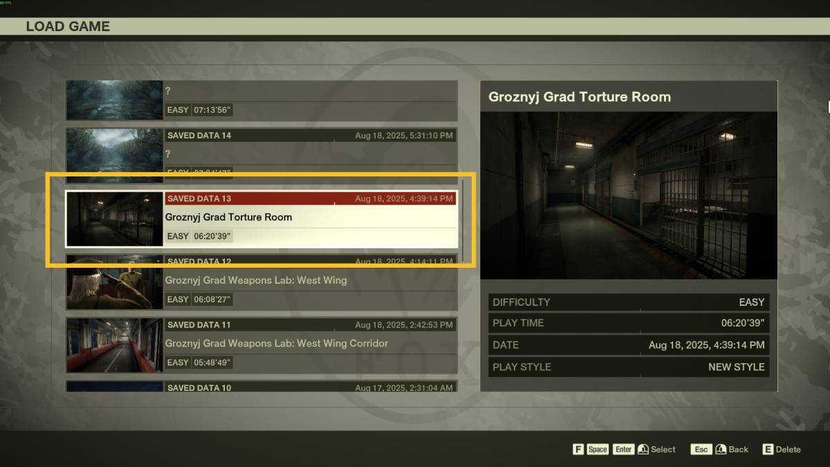 Metal Gear Solid Delta Snake Eater Guy Savage nightmare: load game screen