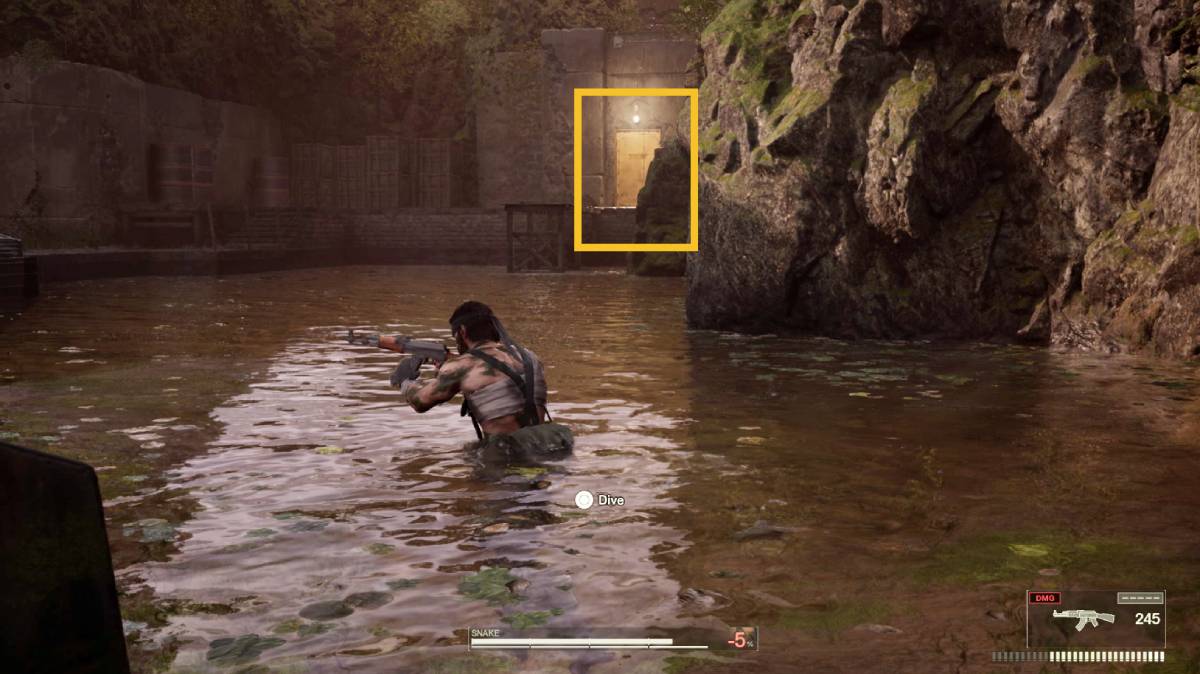 Metal Gear Solid Delta Snake Eater The End: Snake wading through water.
