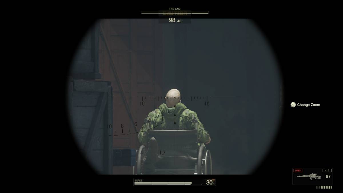 Metal Gear Solid Delta Snake Eater The End: The End in the crosshair of a sniper scope.