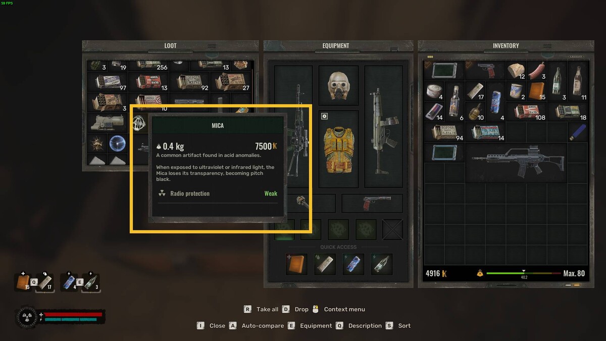 Stalker 2 artifact locations: inventory menu.