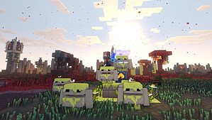 Minecraft Legends melodies: The player character stood on a spawner by some stone creatures.