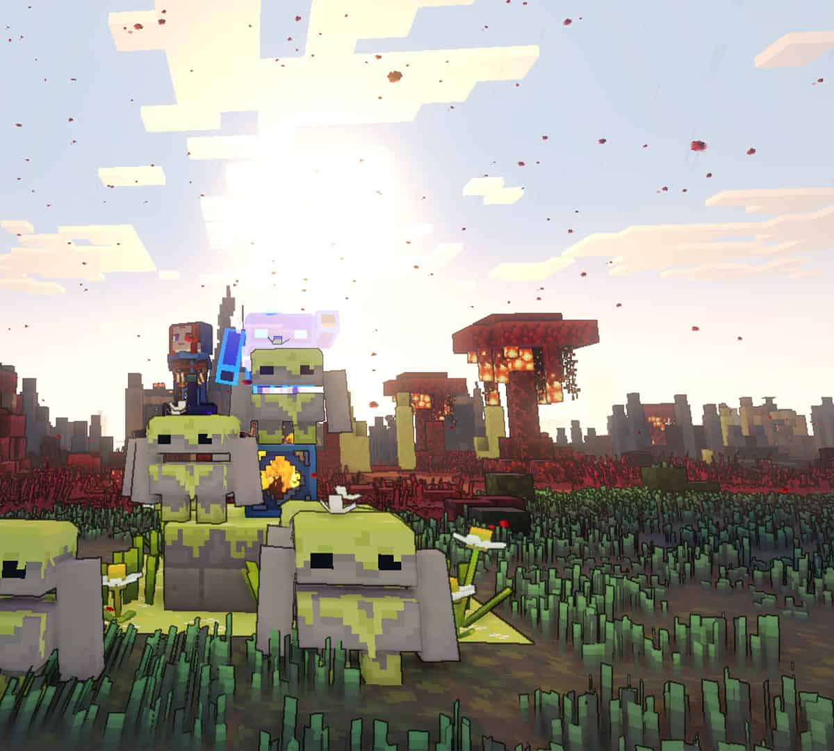 Minecraft Legends melodies: The player character stood on a spawner by some stone creatures.