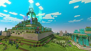 Minecraft Legends tips: An enormous structure with a blue sky behind it.