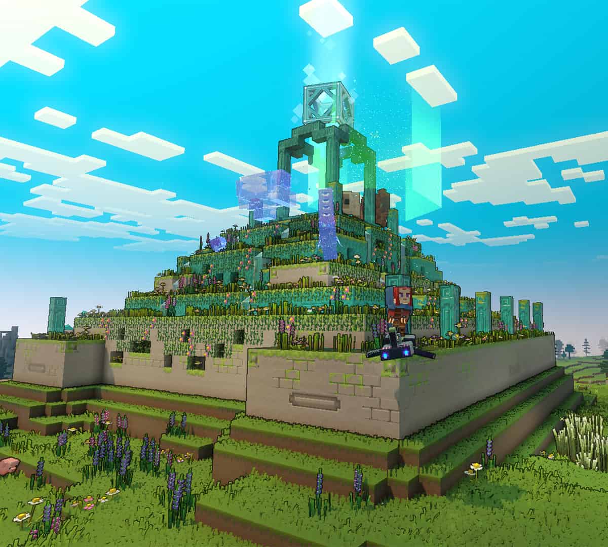 Minecraft Legends tips: An enormous structure with a blue sky behind it.