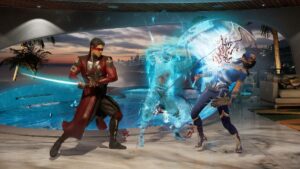 Two characters are battling near a pool.