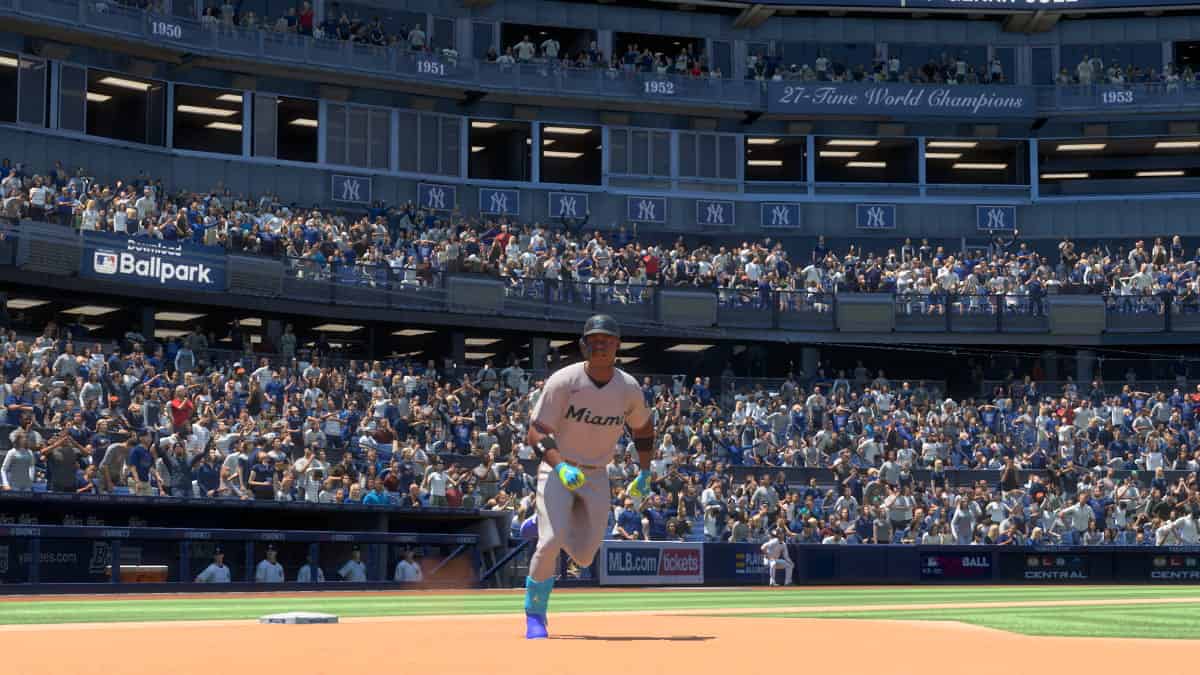 An image of a baseball player in a stadium playing on MLB The Show 23.