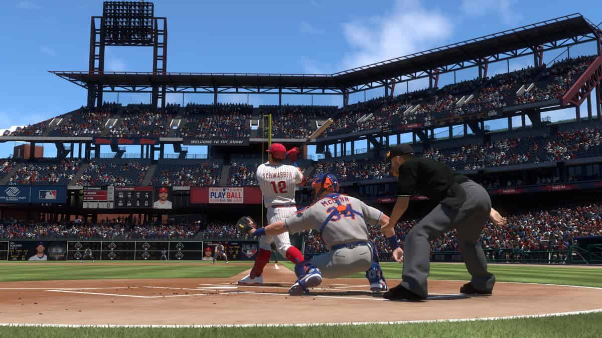 An MLB The Show 24 player is swinging a bat in a video game.