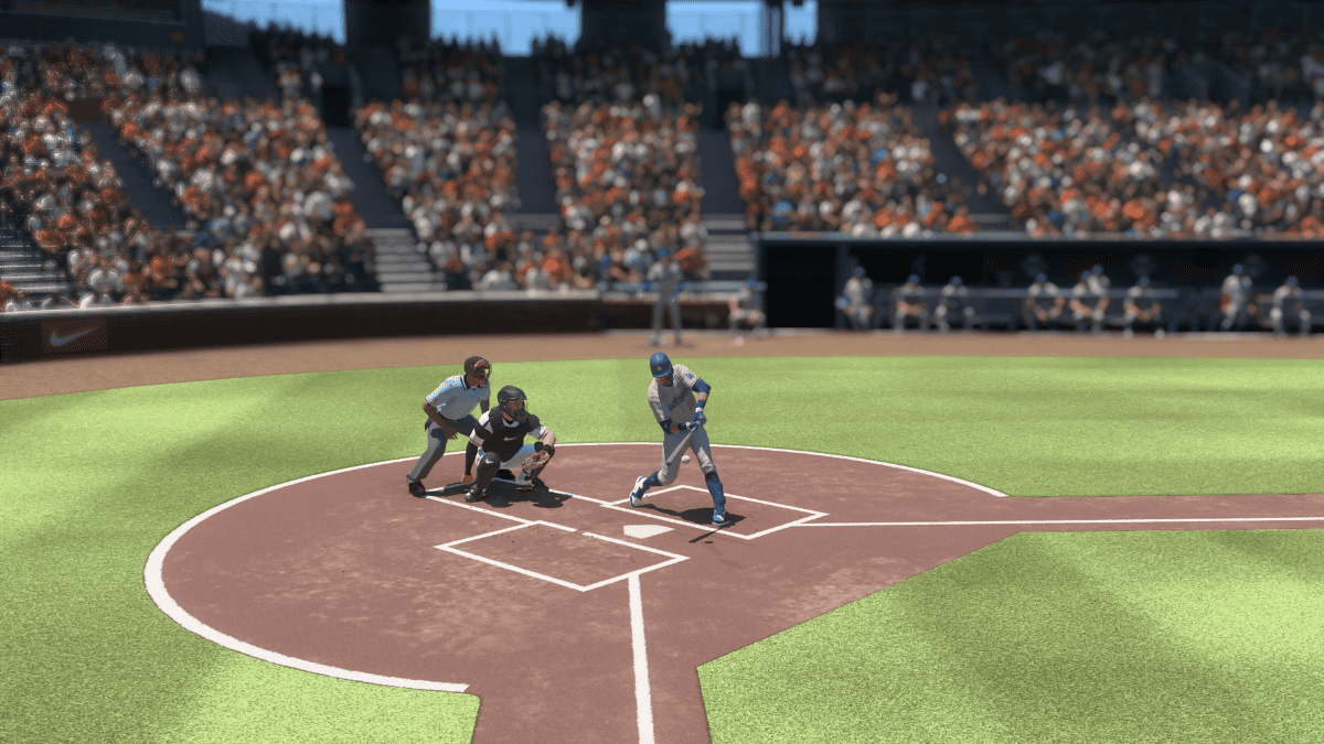 A baseball game, MLB The Show 23, is being played in a stadium.