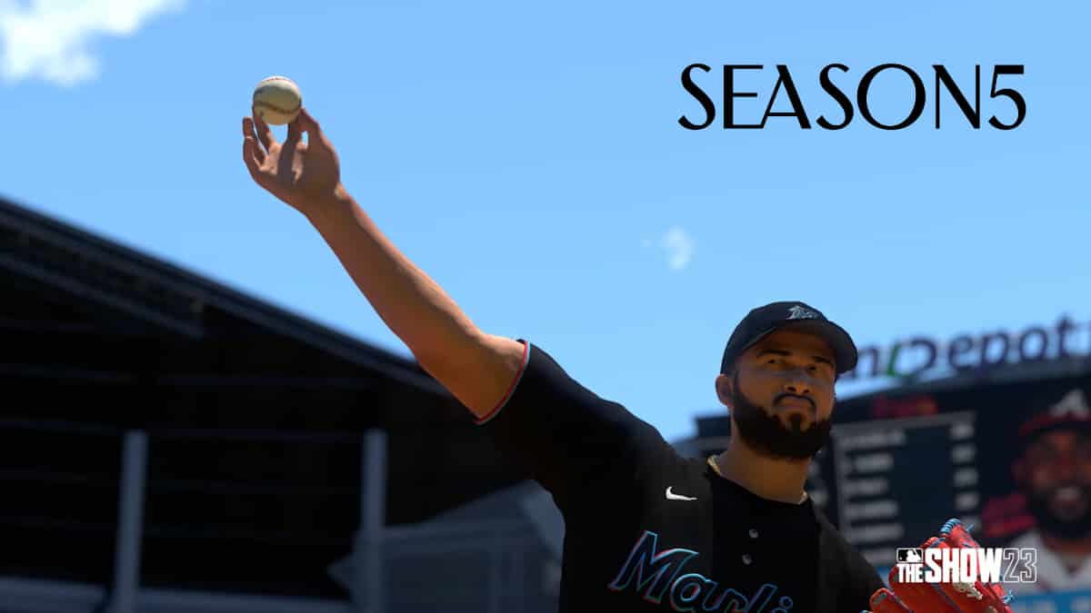 The MLB The Show 23 Season 5 release date announcement coincides with a baseball player throwing a ball in a stadium.
