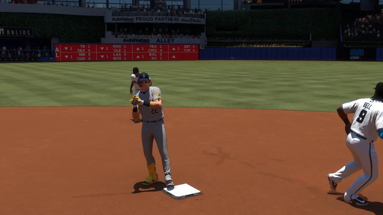 MLB the show 24 cheats: Christian Yelich celebrates on second base